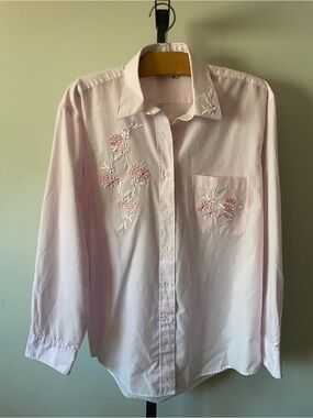 90s Y2K Vintage Floral Embroidered Rhinestone Embellished Button Down Shirt Pink